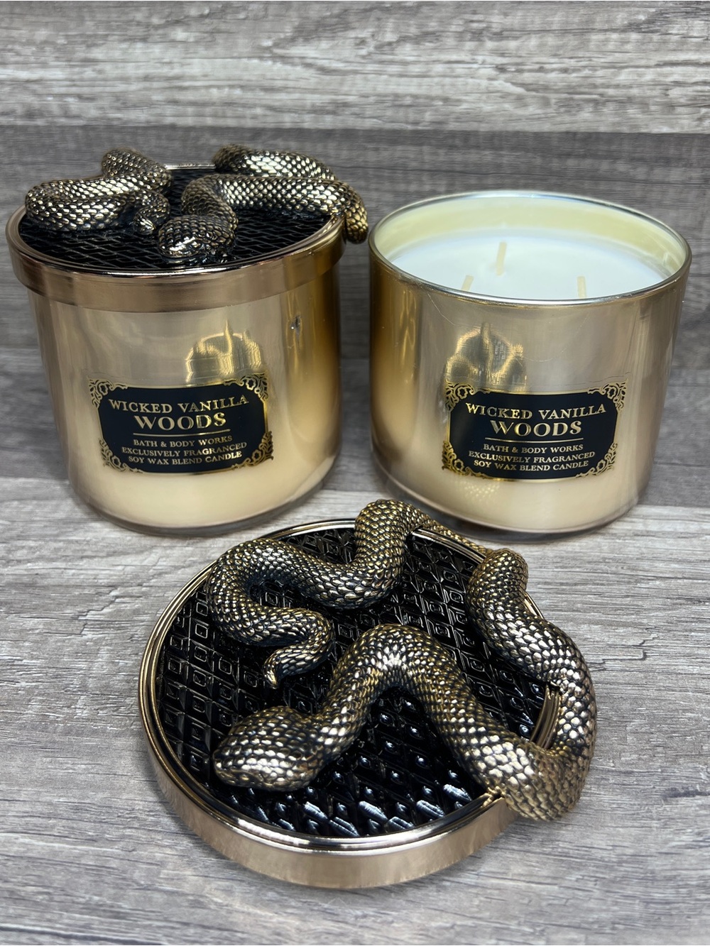 Bath & body Works Wicked Vanilla Woods Candle Snake Lid Halloween (Set of 2)